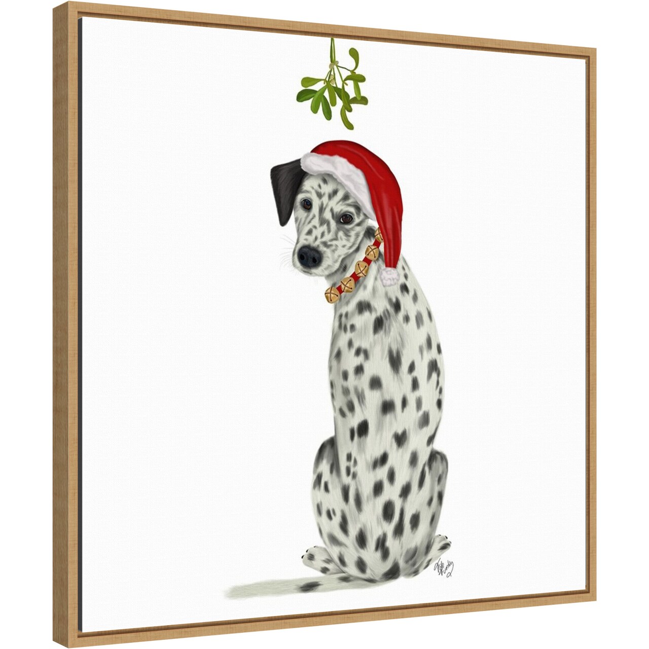 Christmas Dogs Dalmatian Mistletoe by Fab Funky 22-in. W x 22-in. H. Canvas Wall Art Print Framed in Natural